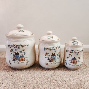 Rustic Cream Ceramic Canister Set with Village Motif